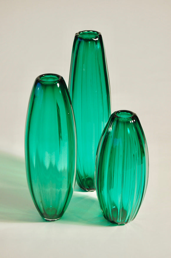 Emerald Green Ridged Torpedo Vase Set #2