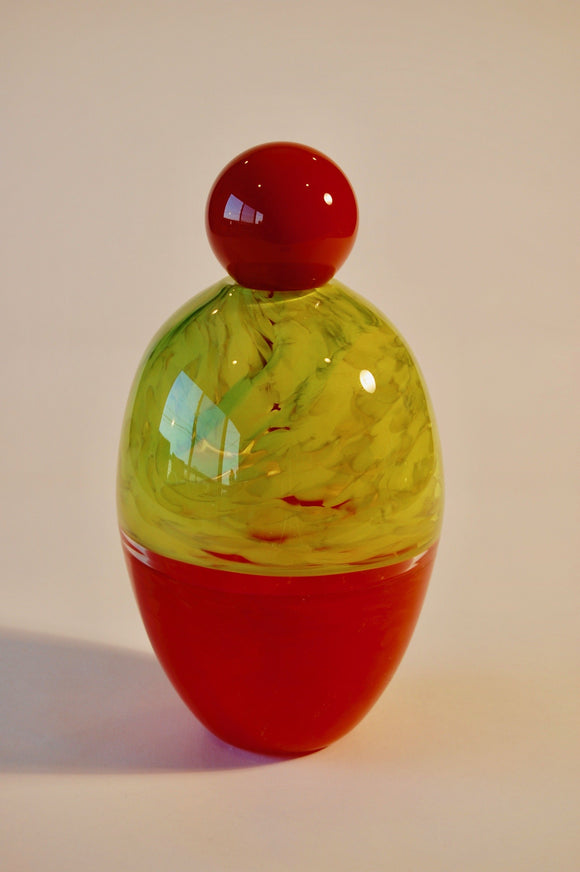 Mottled Olive Green and Red Incalmo Egg Vase with Red Stopper